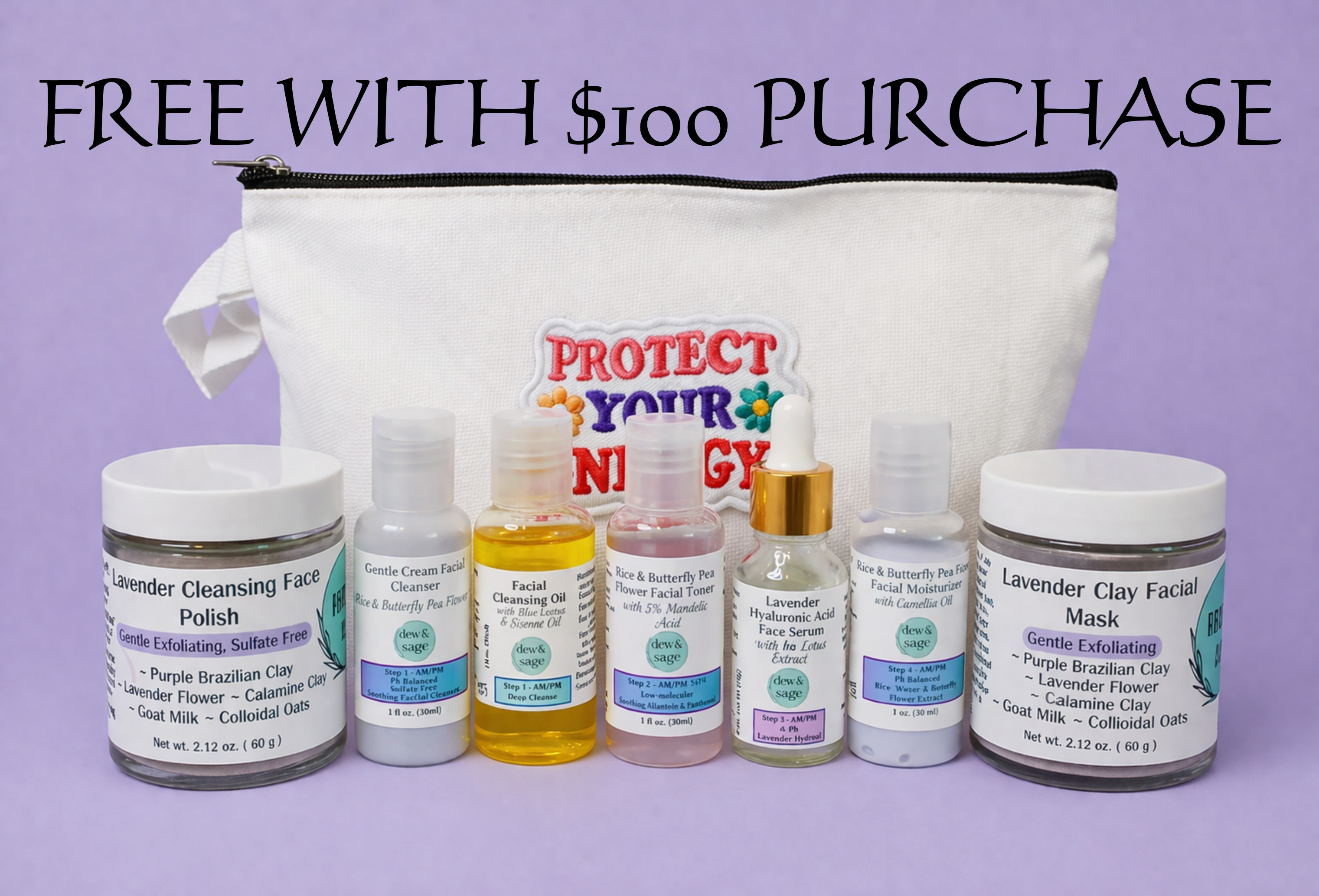Skincare Discovery Set - 8 pc. Lavender, Rice & Butterfly Pea Flower + Bonus 1 oz. Facial Oil