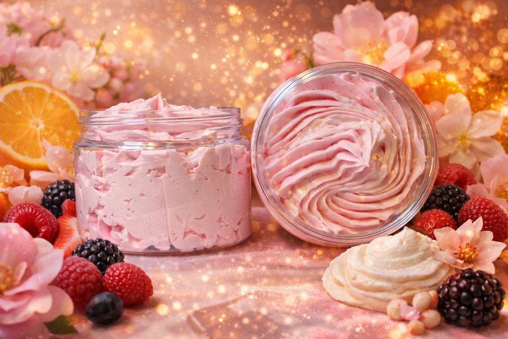 Jar of pink whipped cream with a close-up of the cream, surrounded by flowers and fruits on a glittery background.