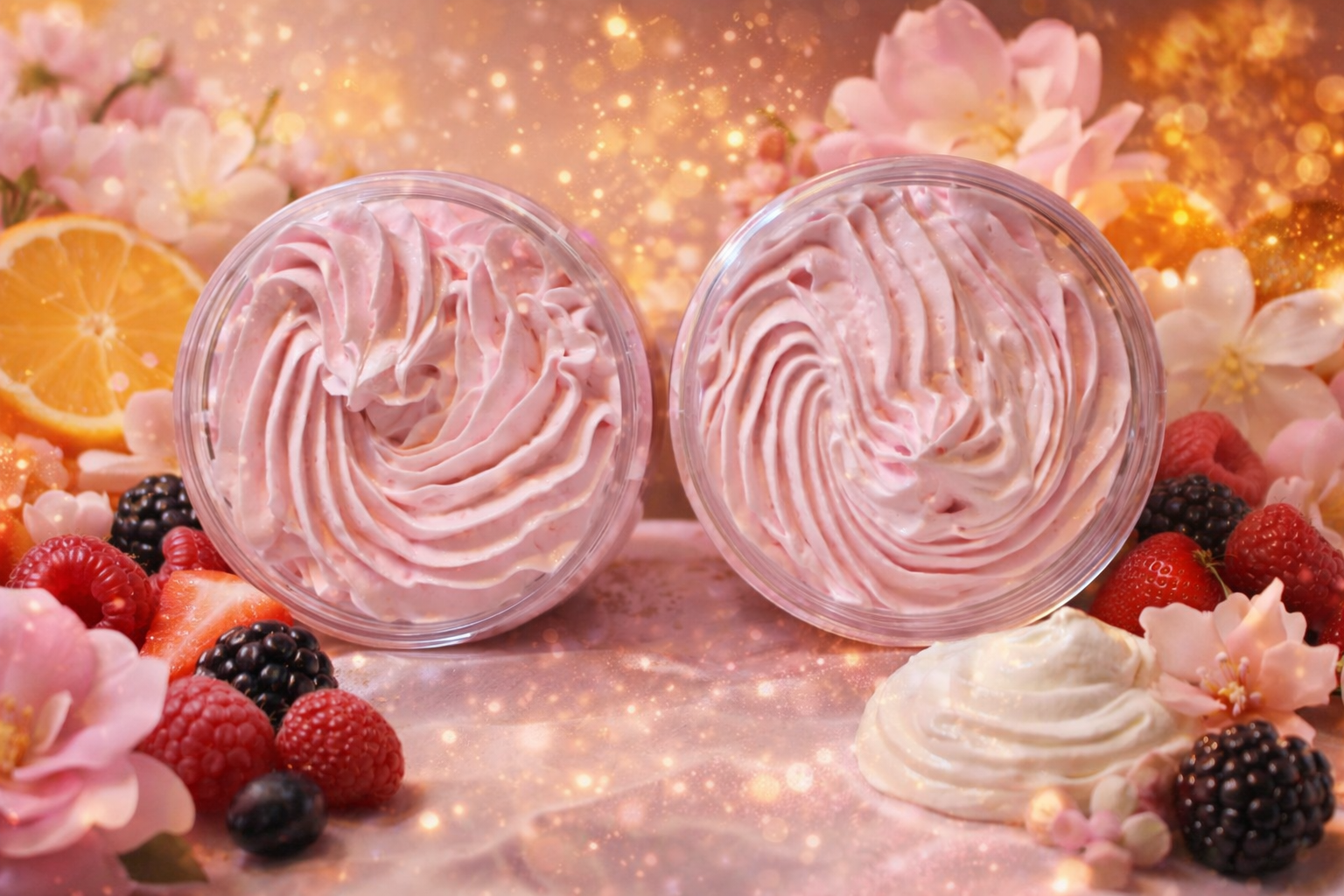 Two pink meringue cookies with swirl patterns, surrounded by berries and flowers on a decorative background.