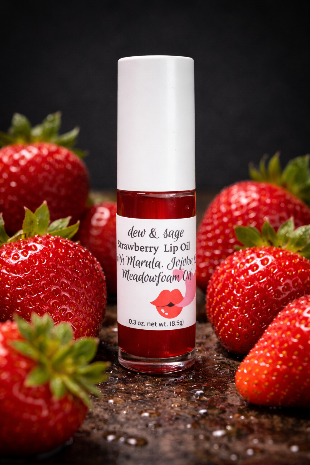 Strawberry lip oil with strawberries on a dark surface