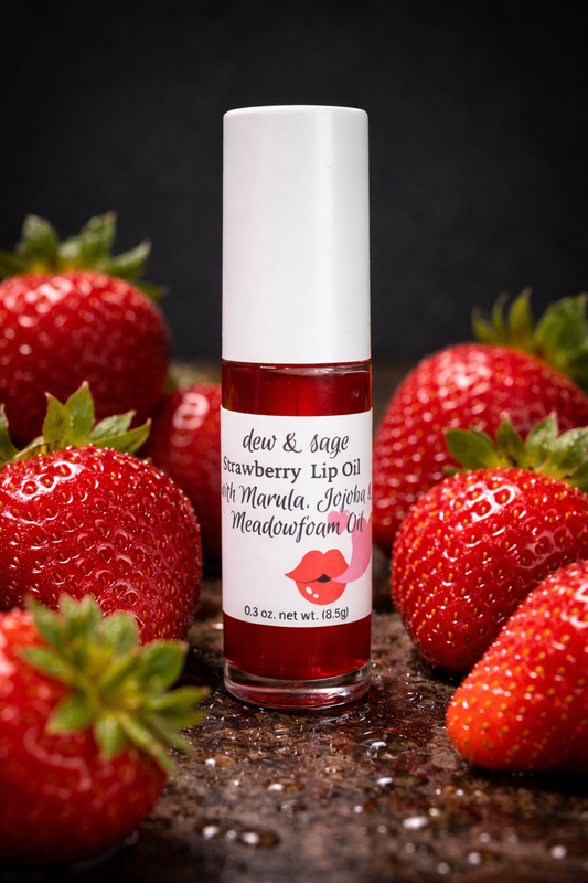 Strawberry lip oil with strawberries on a dark surface