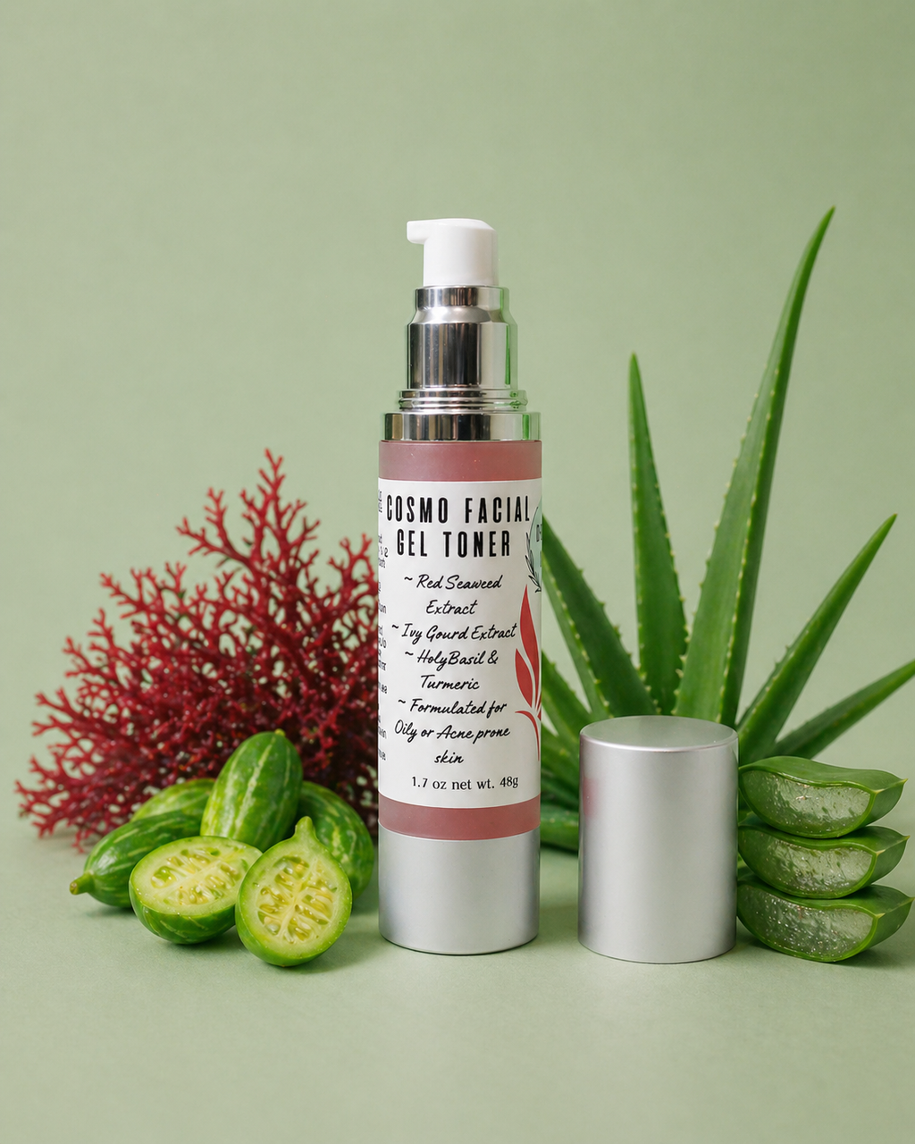 Facial gel toner bottle with natural elements on a green background