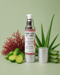 Facial gel toner bottle with natural elements on a green background