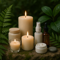 Candles and skincare products on a natural background with green leaves.