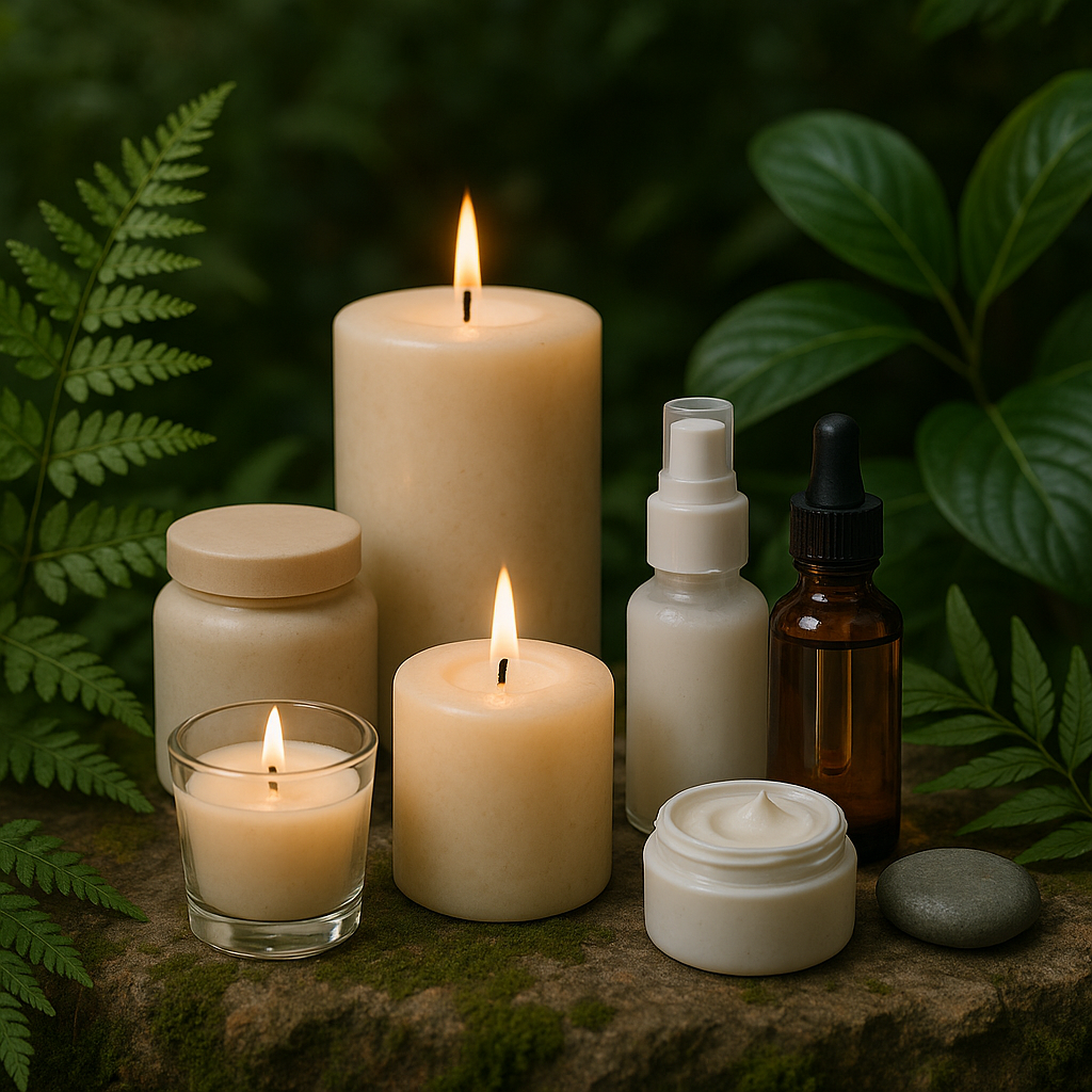Candles and skincare products on a natural background with green leaves.