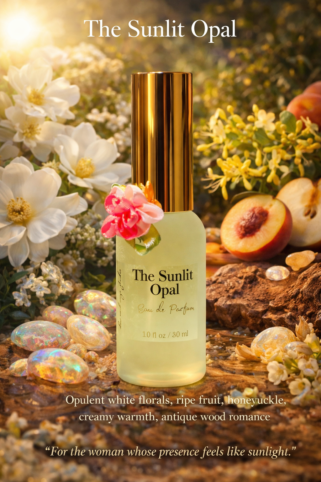Perfume bottle labeled 'The Sunlit Opal' surrounded by flowers and fruits on a natural background.