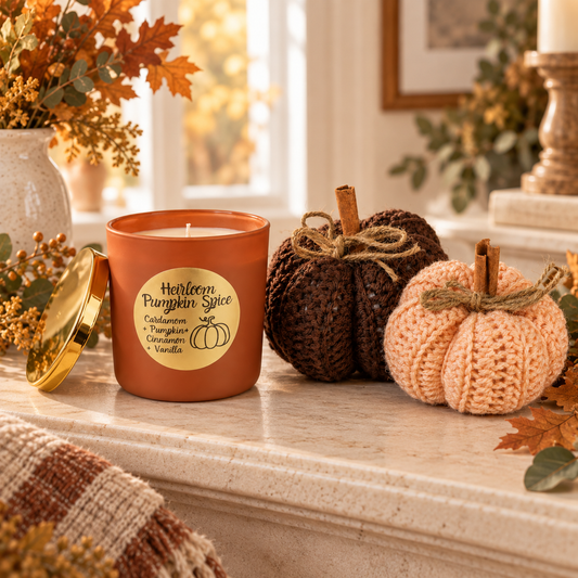Heirloom Pumpkin Spice Candle and 2 piece Pumpkin Crochet Bundle