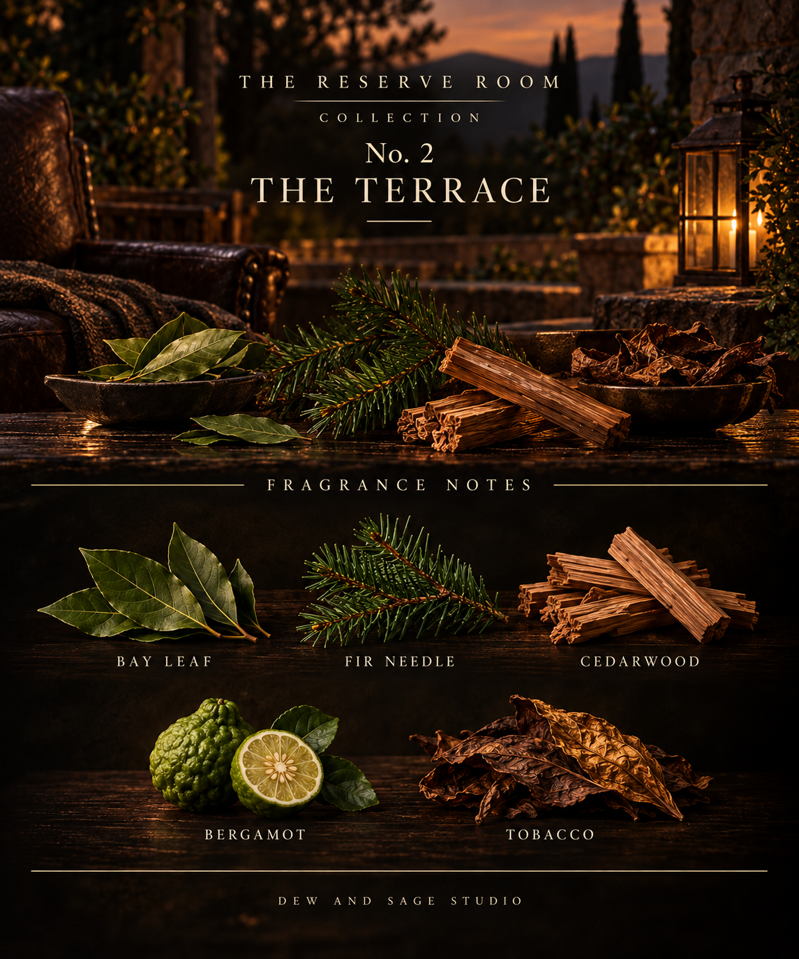 Fragrance concept graphic for 'No. 2 The Terrace' by The Reserve Room Collection and Dew and Sage Studio, featuring a warm, rustic outdoor patio scene with bay leaves, fir needles, cedarwood, bergamot, and tobacco, with text labels on a dark background.