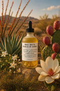 Bottle of whole body oil with a desert landscape featuring cacti and flowers.