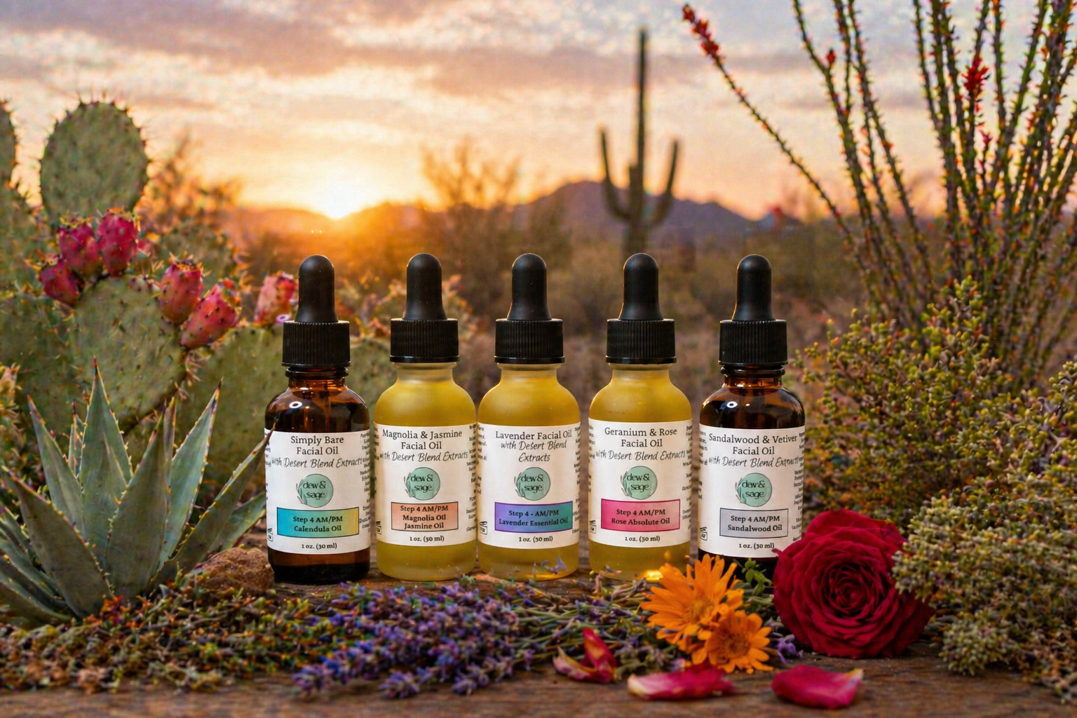 Five dropper bottles with labels on a wooden surface in front of desert plants and flowers during sunset.