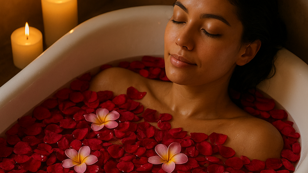 Woman in a bathtub filled with red rose petals and candles, enjoying a relaxing moment.