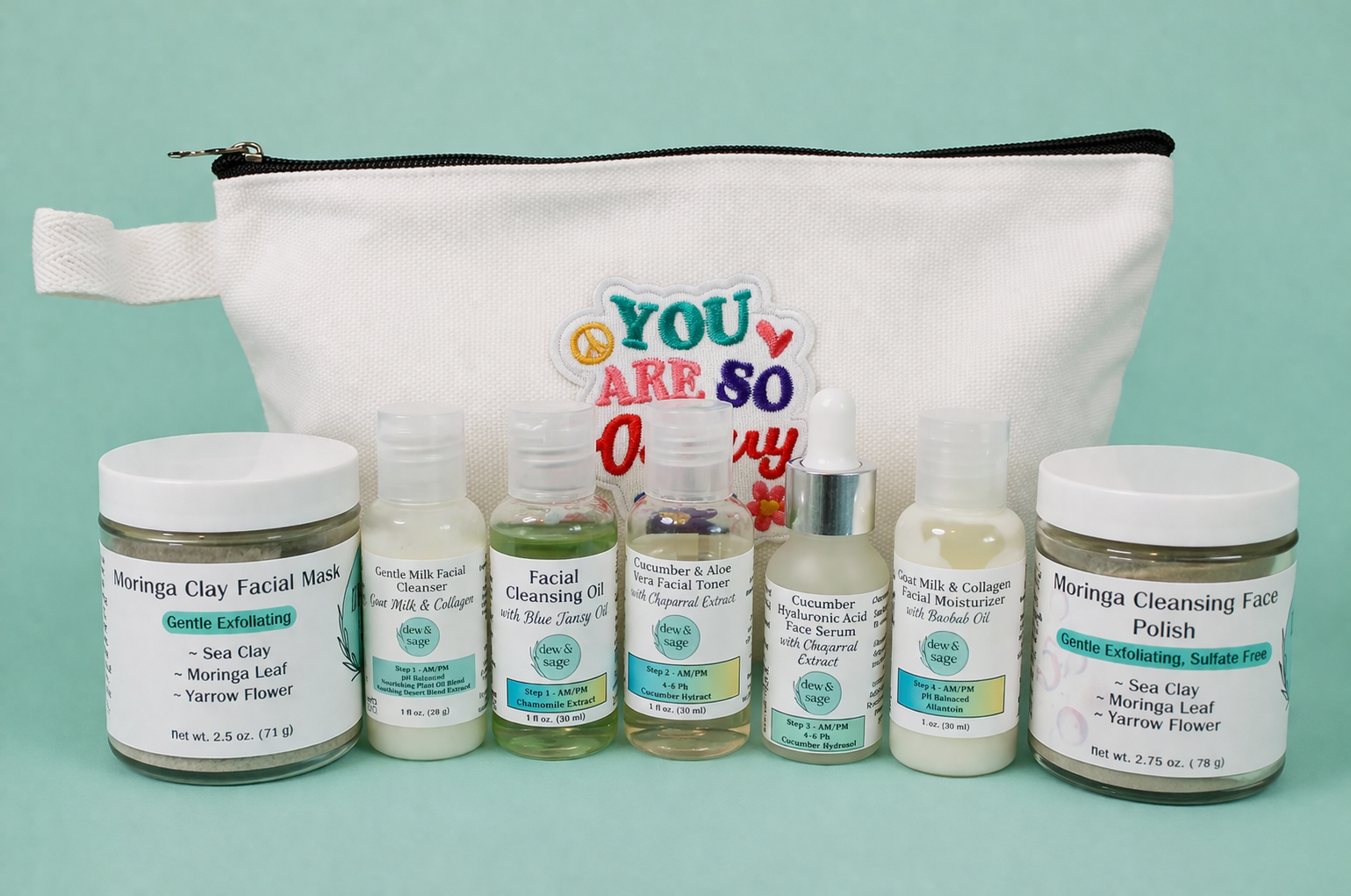 Set of skincare products with a pouch labeled 'You Are So Worthy' on a light green background