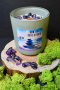 Hand-poured Zen candle in matte sage jar with wood wick and amethyst crystals
