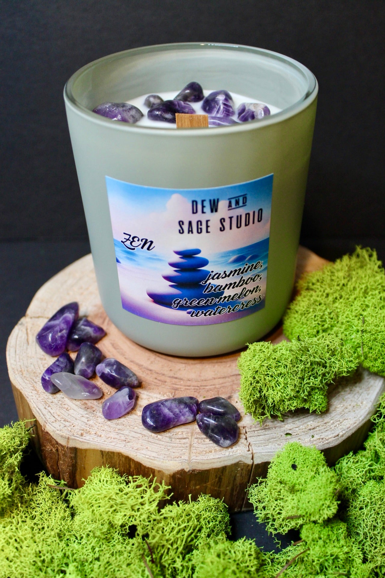 Hand-poured Zen candle in matte sage jar with wood wick and amethyst crystals