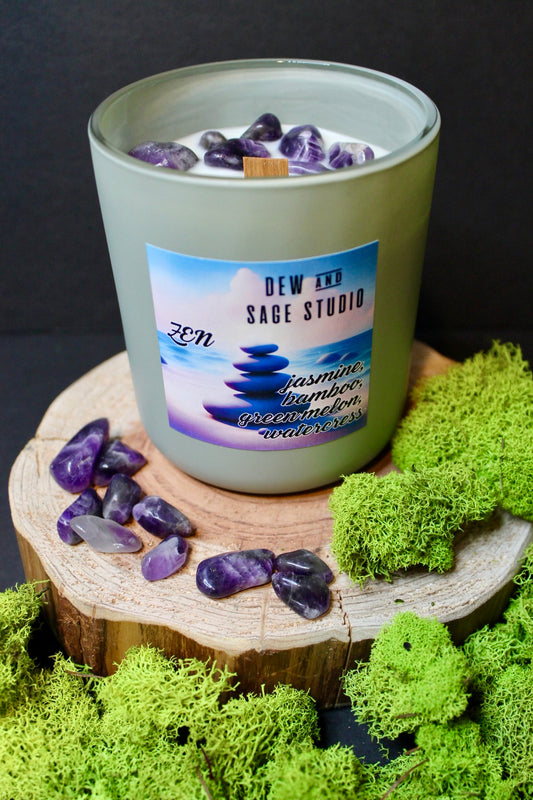 Hand-poured Zen candle in matte sage jar with wood wick and amethyst crystals