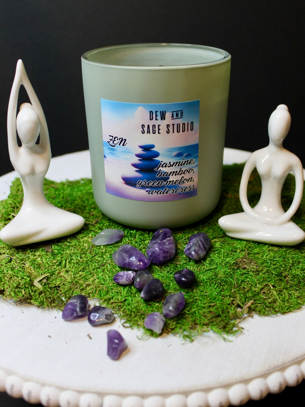 Hand-poured Zen candle in matte sage jar with wood wick and amethyst crystals