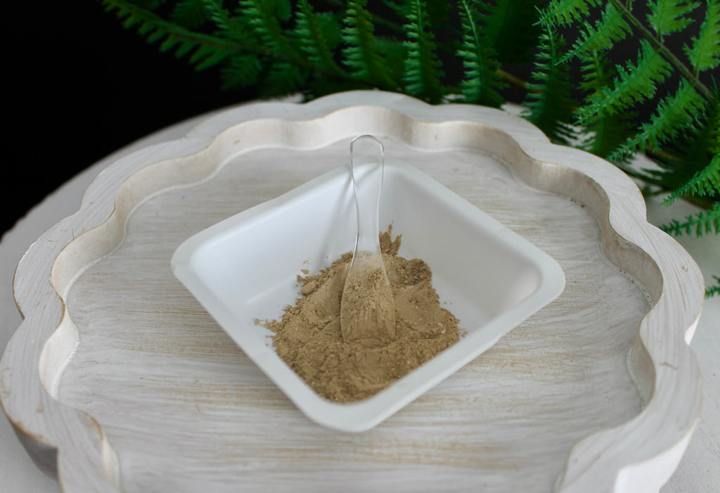 ceramic bowl with clay powder on a decorative white plate with a green leafy background.
