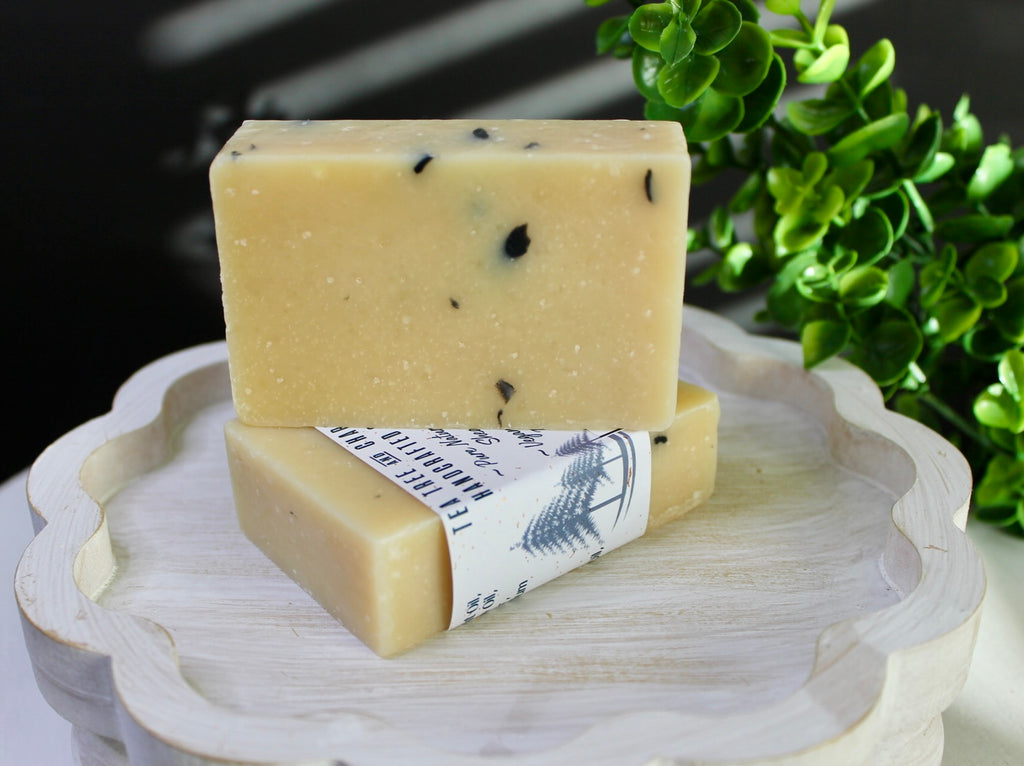 Two bars of soap on a white plate with greenery in the background
