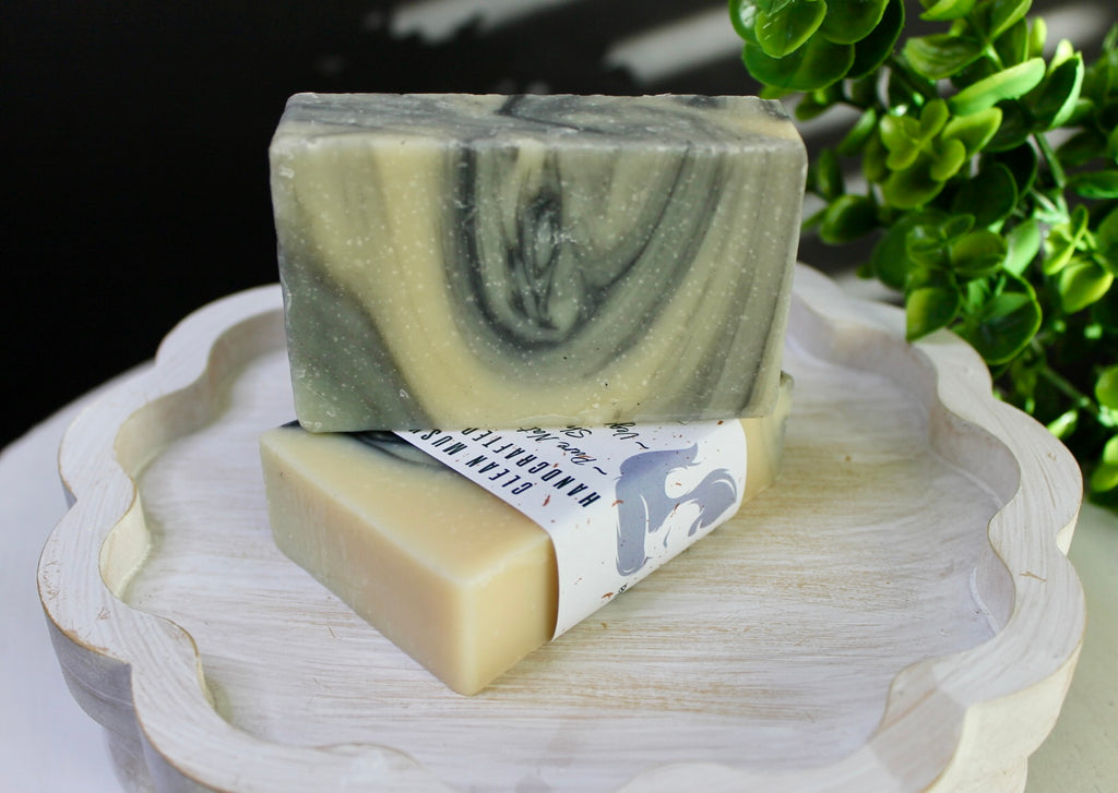 Two soap bars on a decorative white plate with greenery in the background