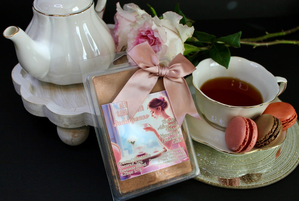 Tea set with wax melts and macarons on a dark background