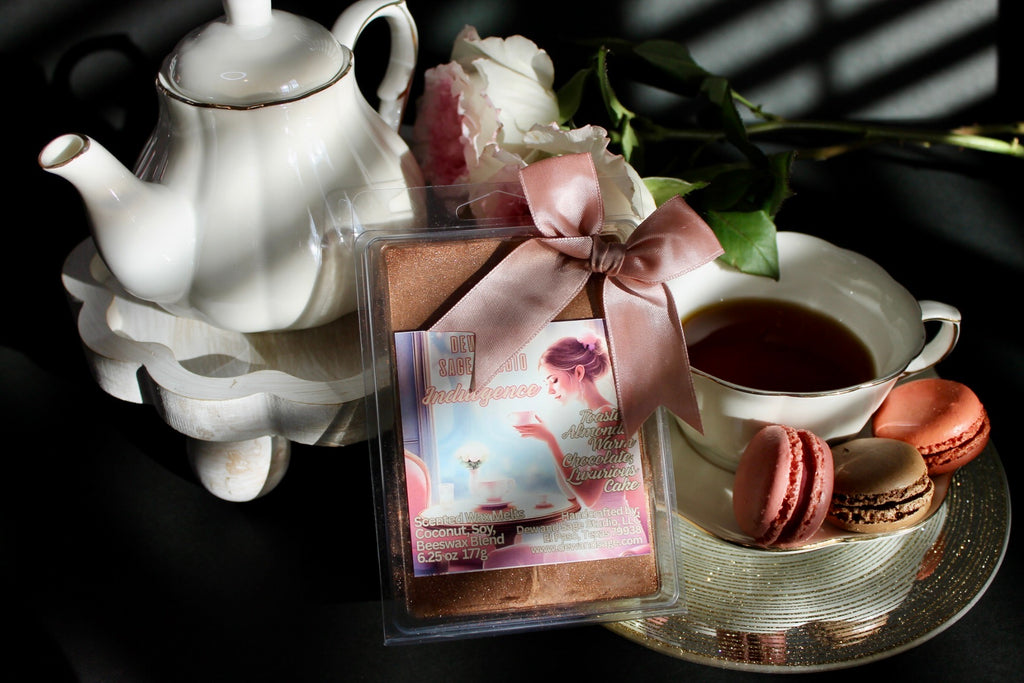 Tea set with a teapot, cup, wax melts and saucer on a dark surface.