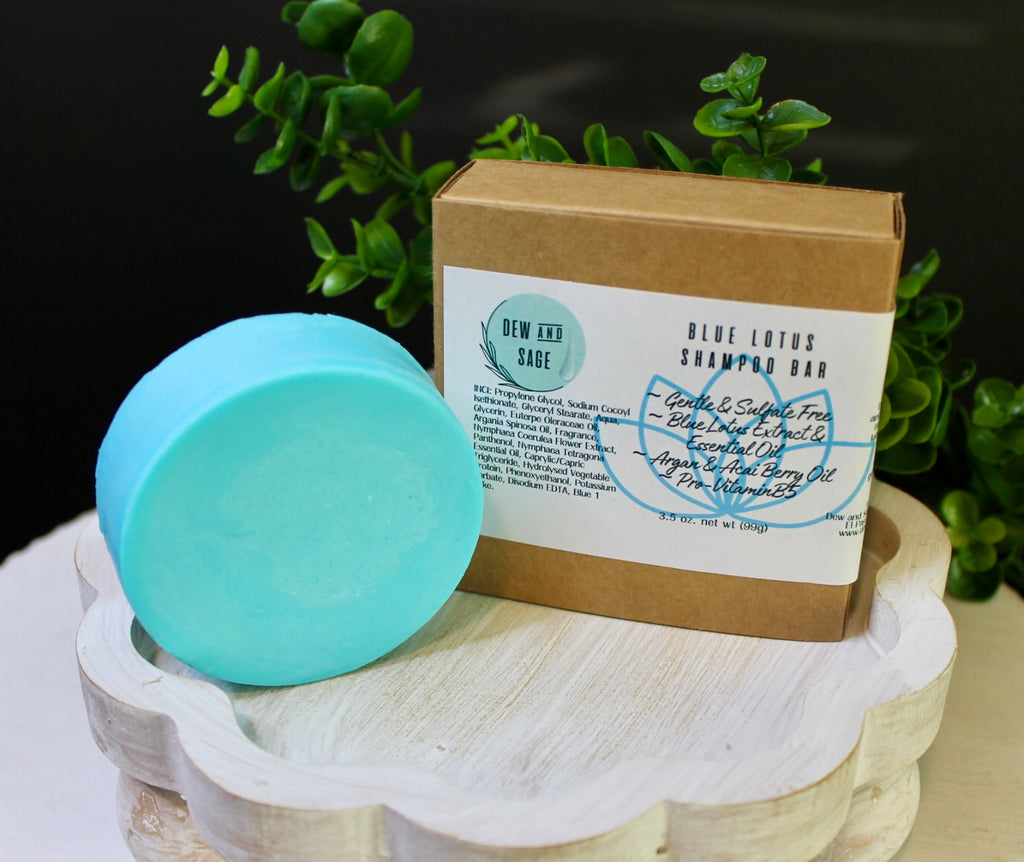 Blue shampoo bar with packaging on a white stand with greenery in the background