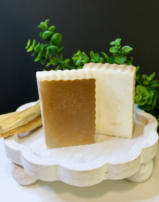 Two bars of soap on a white soap dish with greenery in the background