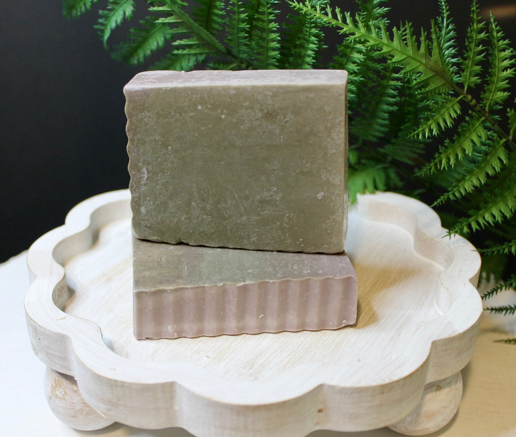 Two stacked soap bars on a decorative white plate with green ferns in the background