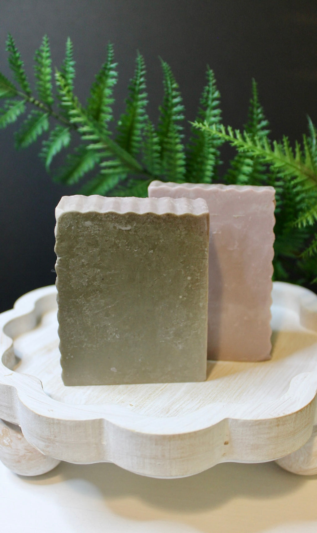 Two green and purple soap bars on a decorative stand with a fern in the background