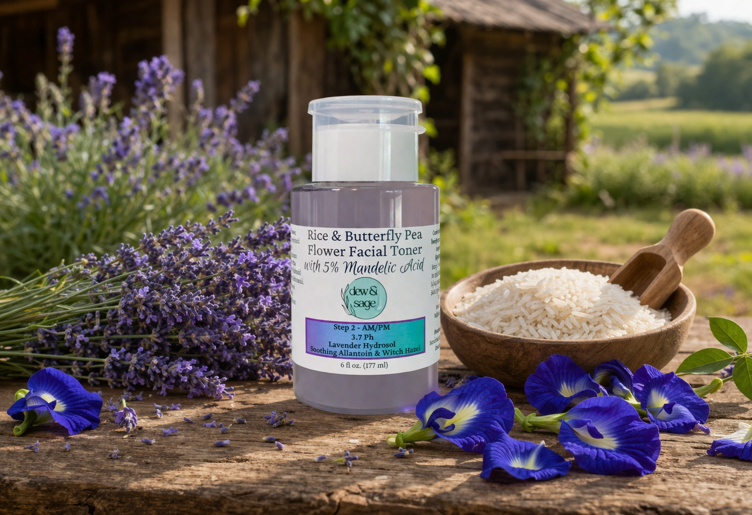 Facial Toner - Rice & Butterfly Pea Flower with 5% Mandelic Acid - 6 oz.