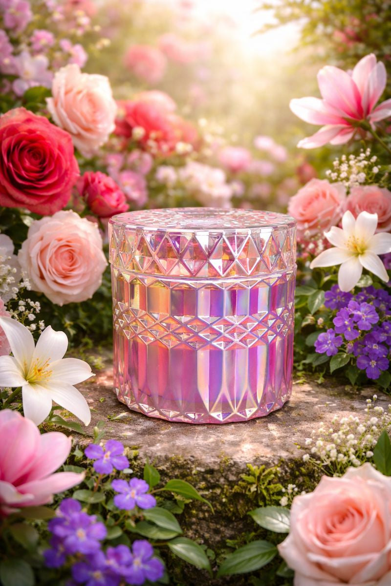 Decorative pink glass candle holder surrounded by flowers in a garden setting