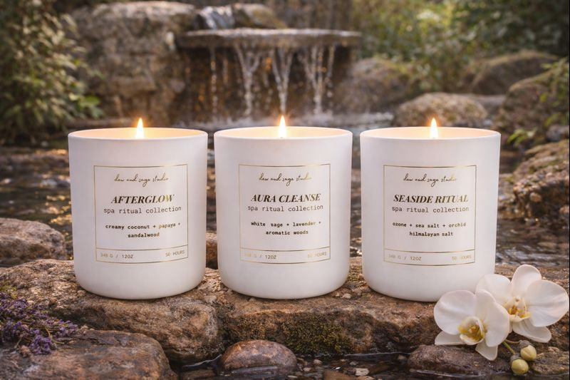 Three candles with labels on a stone surface near a water feature